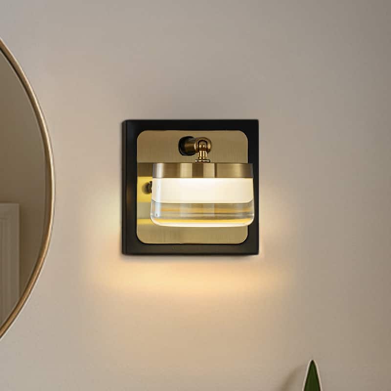 Modern Square Black and Brass Integrated LED Wall Sconce with White Acrylic Shade Adjustable Head Bathroom Vanity Light