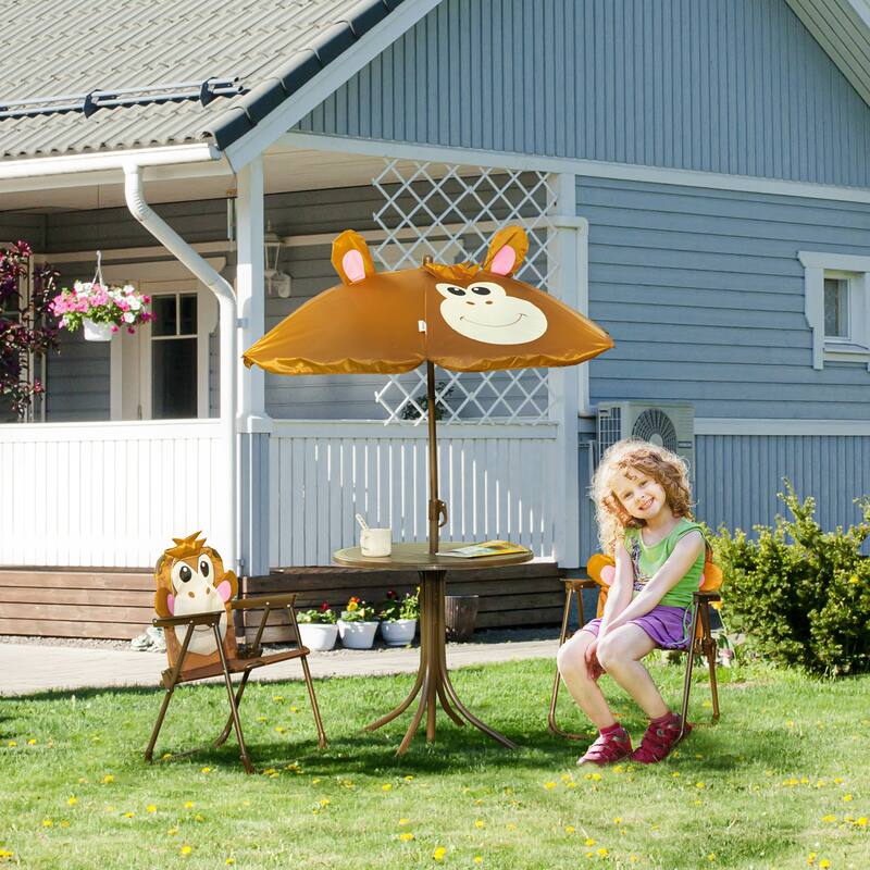 Outsunny Kids Picnic Table and Chair Set for Patio Backyard with Removable & Height Adjustable Sun Umbrella - Brown