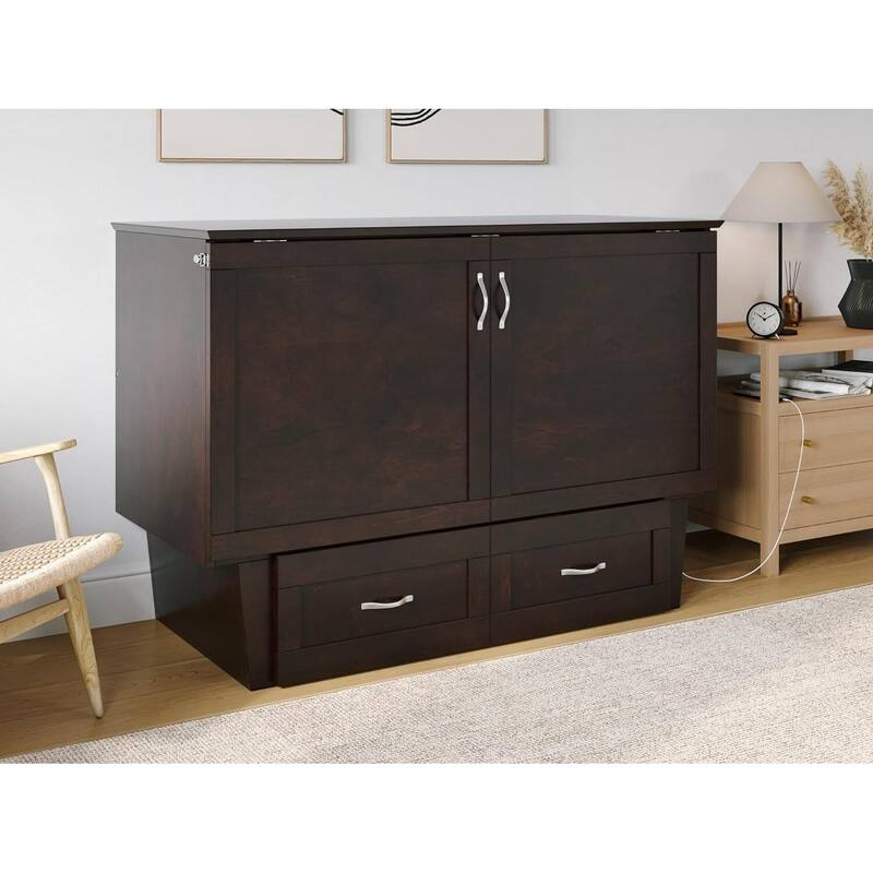 Full Murphy Bed Chest with Memory Foam Mattress, Built-In Charging Station, Storage Drawer, Easy Setup