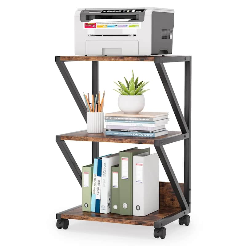 Printer Stand, 3-Tier Rolling Printer Cart Under Desk Storage - Brown
