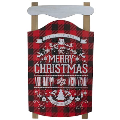 24" Red and Black Buffalo Plaid Merry Christmas Sled Wooden Hanging Wall Sign