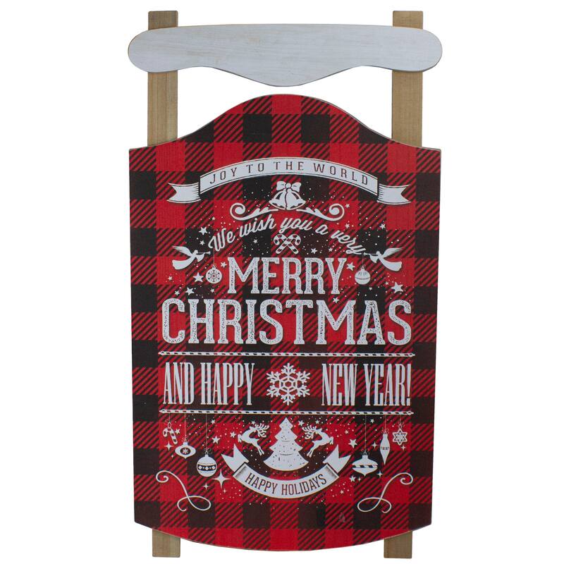 24" Red Black Buffalo Plaid Merry Christmas Sled Wooden Wall Sign
