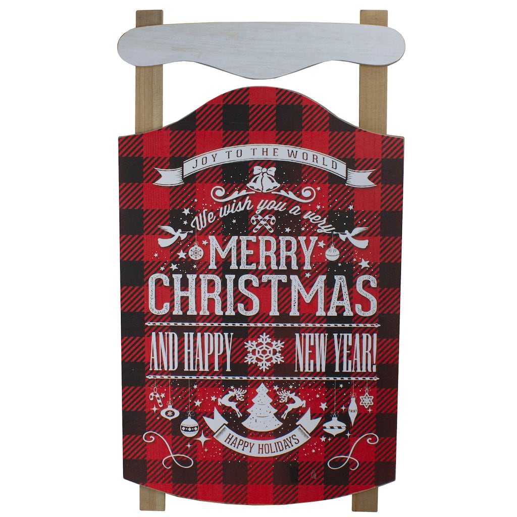24" Red Black Buffalo Plaid Merry Christmas Sled Wooden Wall Sign