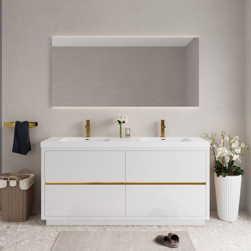 Freestanding Bathroom Vanity with White Stone Resin Top - Glossy White - 70.87'' x 19.69'' x 35.43''