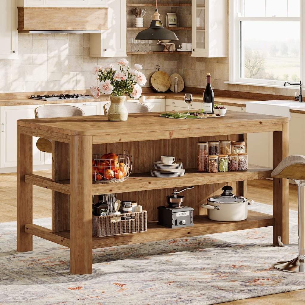 63 Inch Solid Wood Kitchen Island with Storage and Seating, Stationary Storage Islands for Kitchen, Living Room