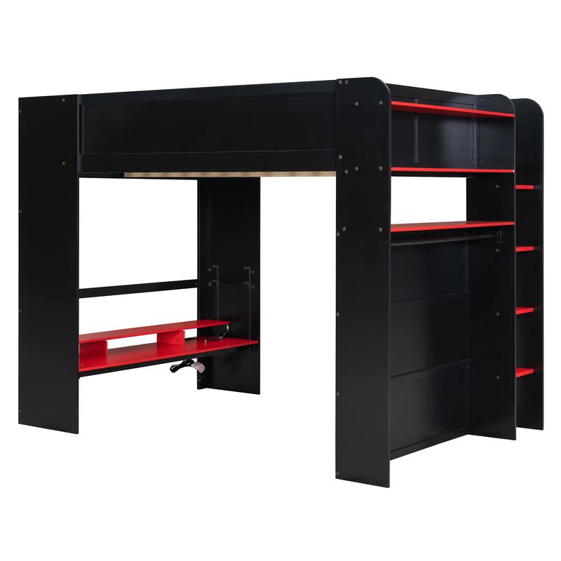 Full Size Wood Bunk Bed with height-adjustable Desk,Wardrobe,Ample Storage Space,and RGB Light