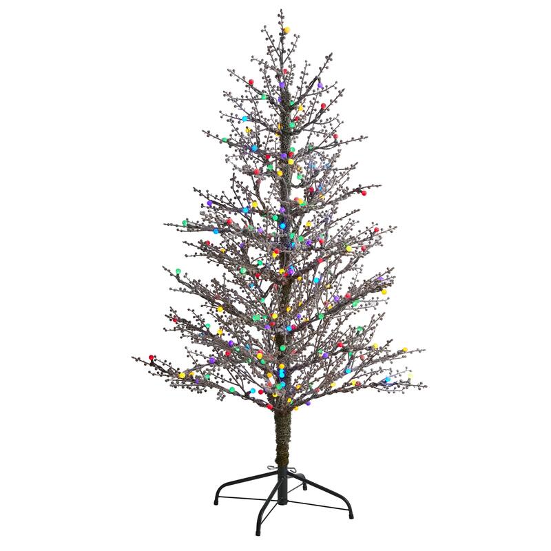 5' Pre-Lit Frosted Berry Twig Artificial Christmas Tree, Multicolored LED Lights - 5 Foot
