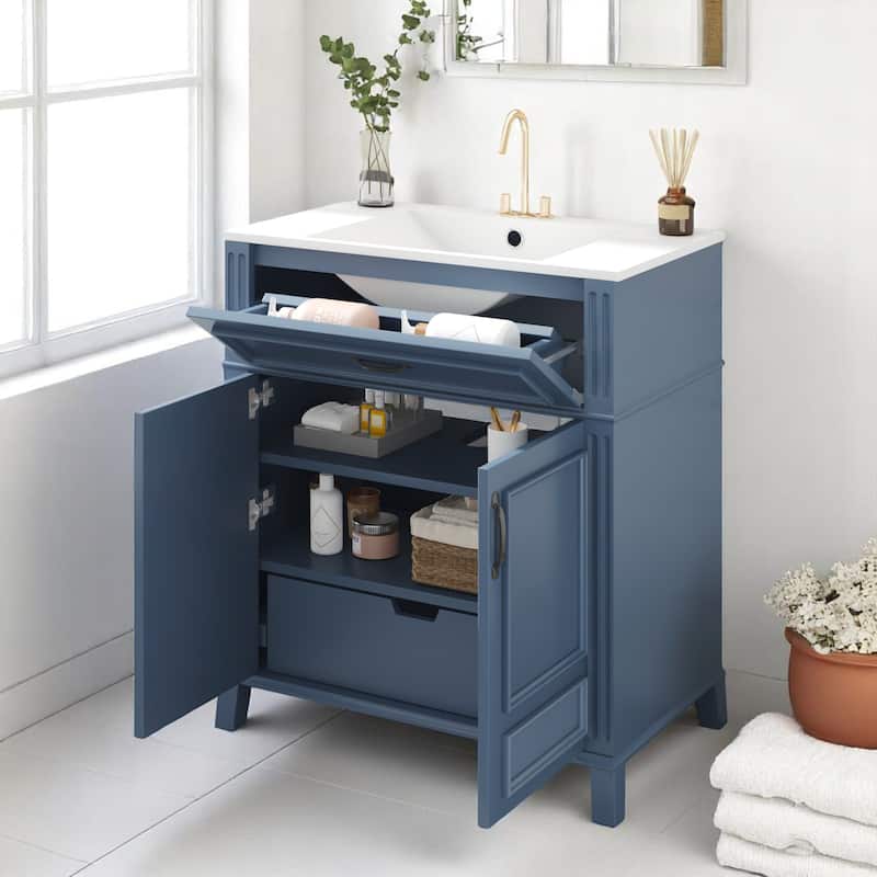Retro 30 Inch Bathroom Vanity with Sink, Blue Freestanding Cabinet with Ceramic Basin and Soft Closing Storage