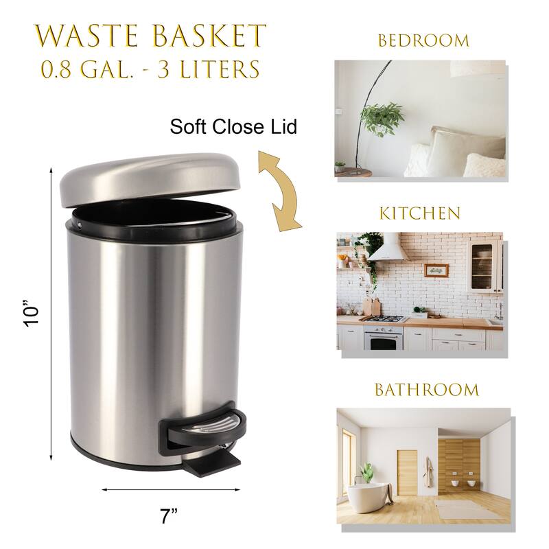 Evideco Soft Close Small Round Metal Bathroom Floor Step Trash Can Waste Bin 3-liters/0.8-gal Steel - 0.8 gal