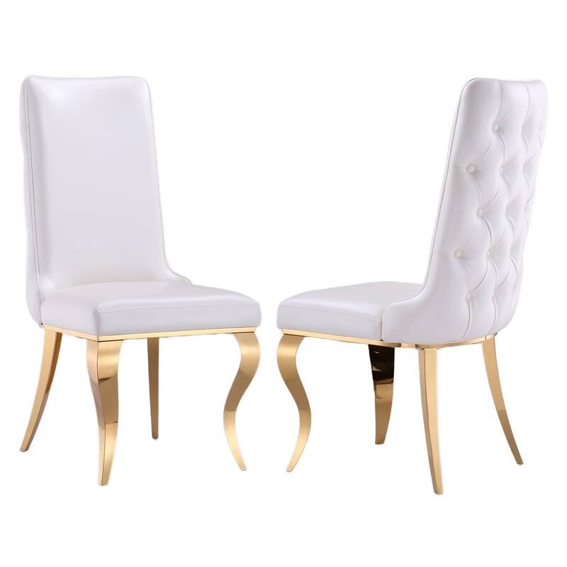 Heavy Duty Dining Chairs with Button Tufted Backrest and Polished Stainless Steel Metal Legs - White/Gold