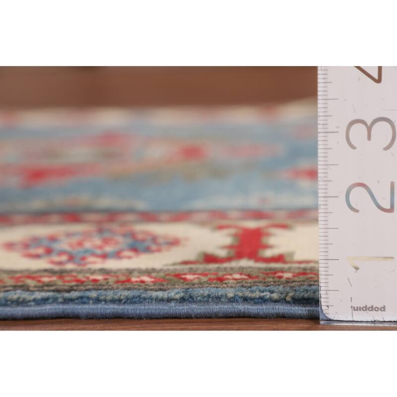 Blue Geometric Kazak Foyer Rug Hand-Knotted Oriental Wool Carpet - 3'4" x 4'11"