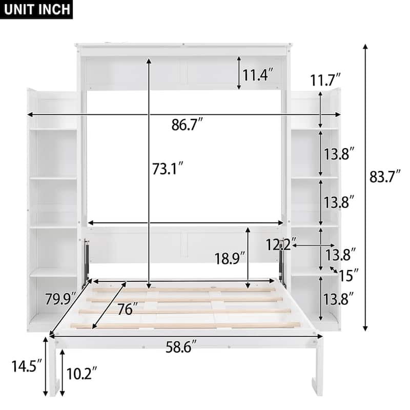 Full/Queen Murphy Wall Bed with Shelves & LED, Dual-Piston, 8 in Mattress, 600 lb Capacity, Space-Saving