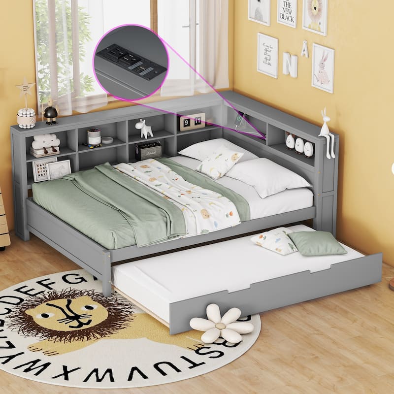 Twin/Full Wooden Daybed with Twin Trundle, Storage Shelf, USB Charging Ports, Slat Support, Space-Saving Design