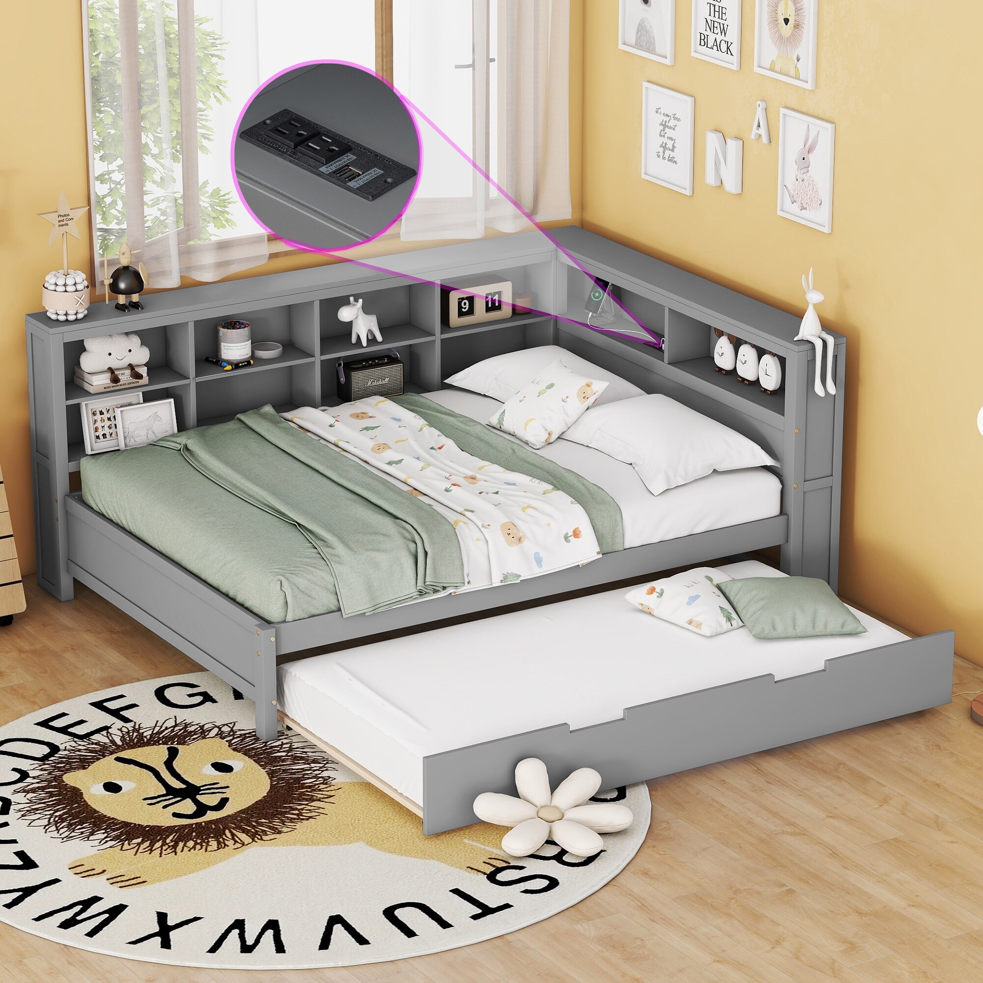 Wooden DayBed with Trundle, Storage Shelf and USB Charging Ports