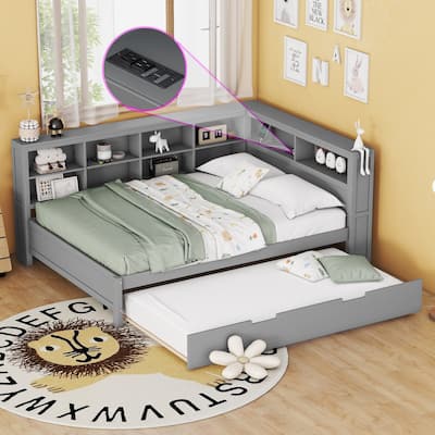 Wooden Full Size DayBed with Twin Size Trundle, DayBed with Storage Shelf and USB Charging Ports,Grey