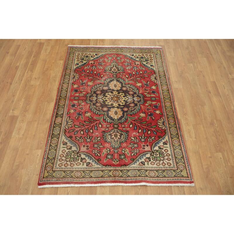 Hand Knotted Oriental 100% Wool Carpet Traditional Tribal Red Tabriz Area Rug - 4' 10'' X 3' 5''