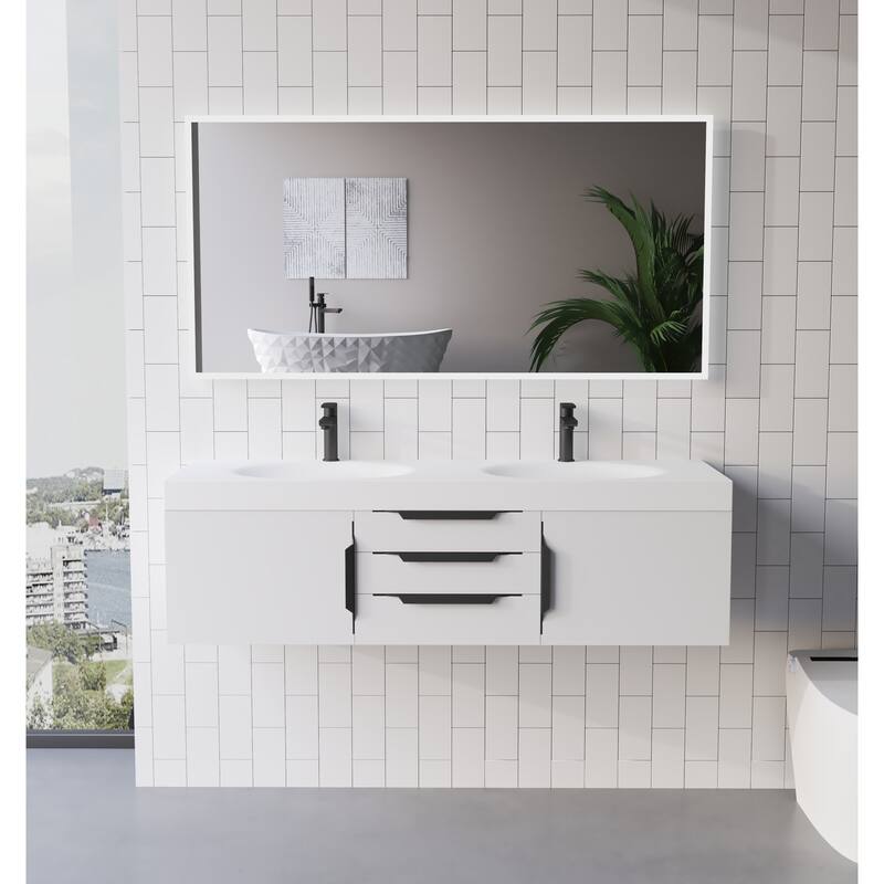 Thames 60" Shallow Basin Wall Mounted Bathroom Vanity Set w/ White Top