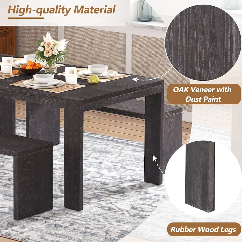 Espresso 3-Piece Rubber Wood Dining Table Set with Two Benches for Family Dining