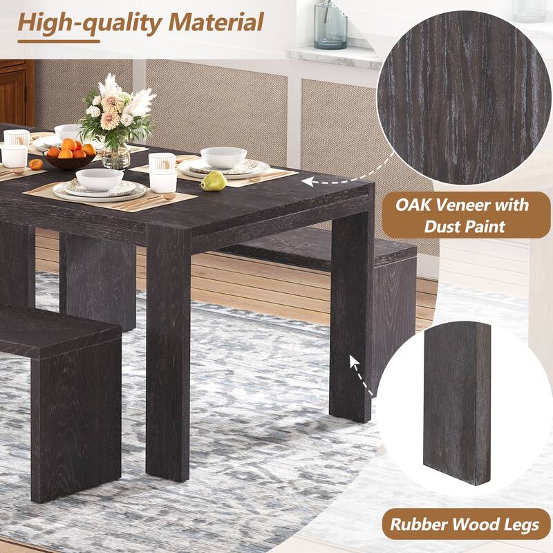 Rectangular 3-Piece Dining Set with Benches, Farmhouse Kitchen Table Set for 6, MDF & Rubber Wood