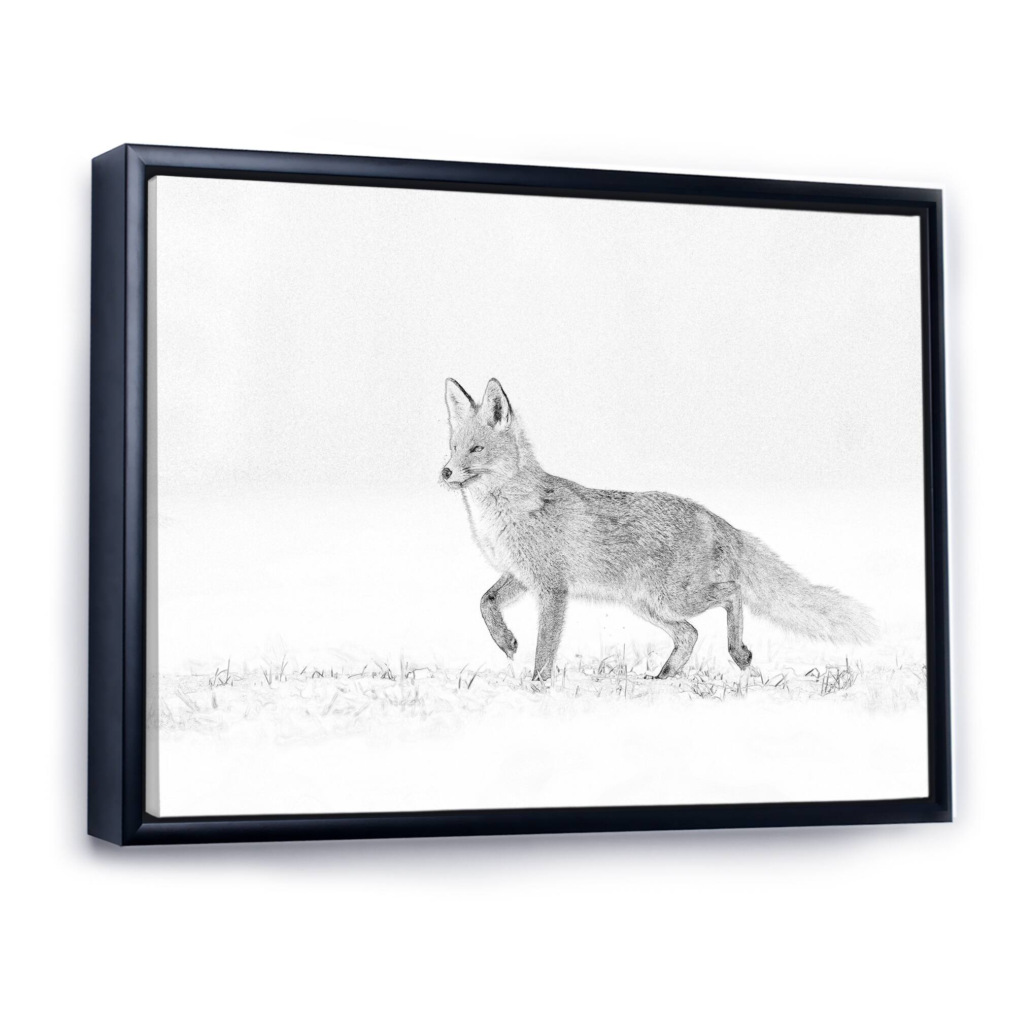 Designart "Black And White Fox Sketch In Winter" Abstract Framed Canvas