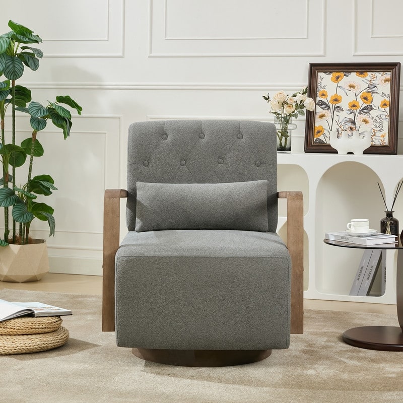 Solid Wood Swivel Accent Chair with Armrests and Lumbar Pillow - 360° Rotation