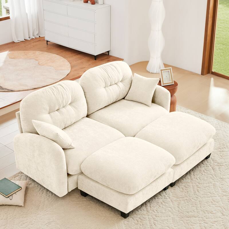 2 Seat Chenille Sofa Round Arms Sectional Sofa, Modern 74" Tufted Back Couch with Ottoman for Lving Room, Small Space - Beige-2 Ottoman
