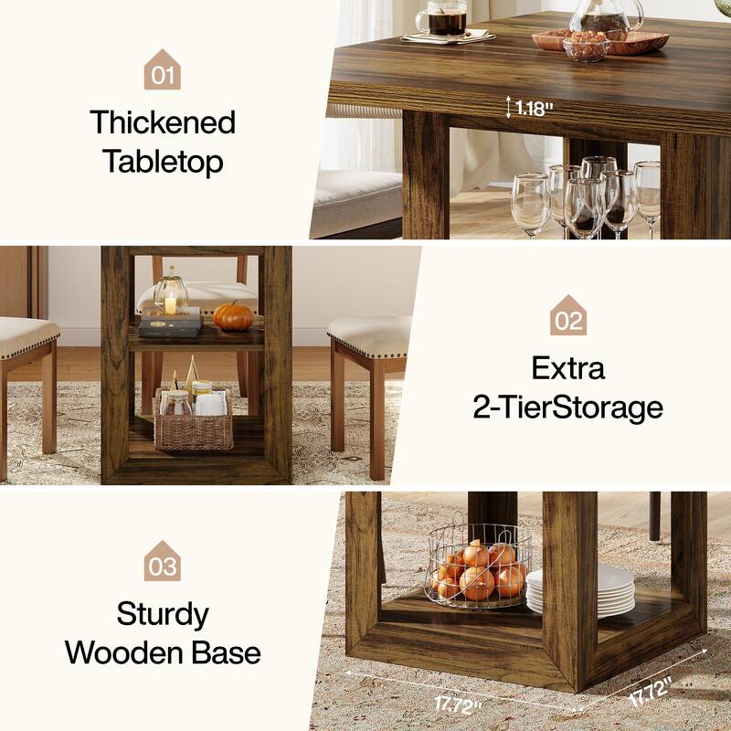 Square Dining Table with 2-Tier Storage Shelf