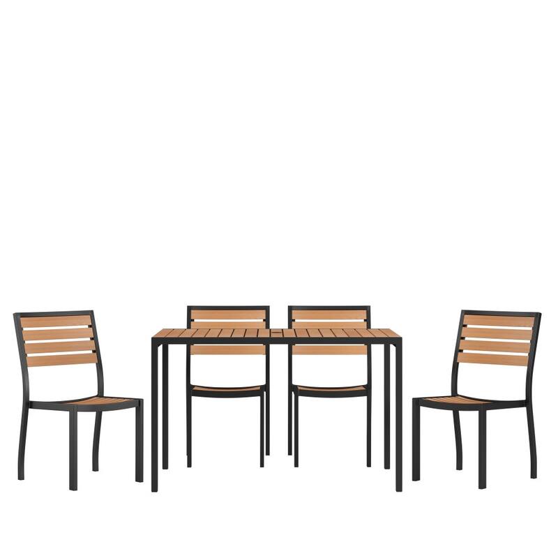 Indoor/Outdoor Steel Framed Faux Teak Patio Table with 4 Chairs