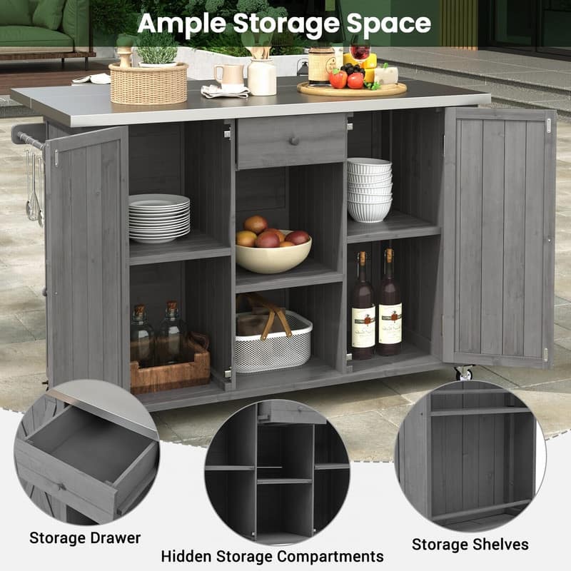 52.25" Outdoor Kitchen Island with Stainless Steel Top, Ample Storage Space, Towel and Spice Racks and a Bottle Opener