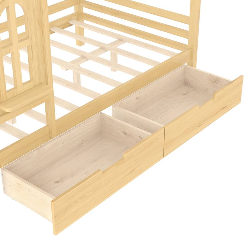 Charming House Bed for Girls, Boys Low Platform Bed Frame with Under-bed Drawers, Storage Shelves, Window and Roof