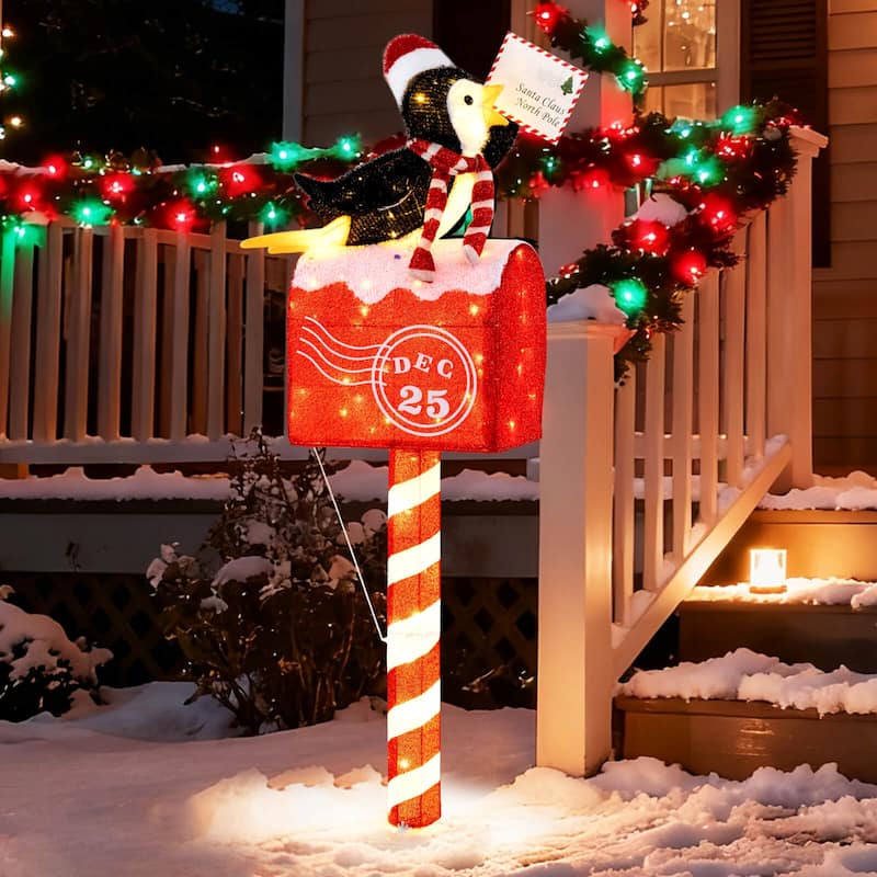 Costway 4.8 FT Christmas Lighted Penguin on Mailbox with 100 LED White - as pic shows - See Details - as pic shows - See Details - overstock.com/bedbathandbeyond.com