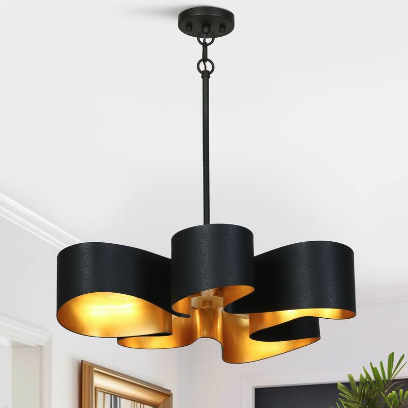 Modern 5-Light Black Gold Chandelier with Artistic Curved Metal Shade - D23.6" x H68.9" Max