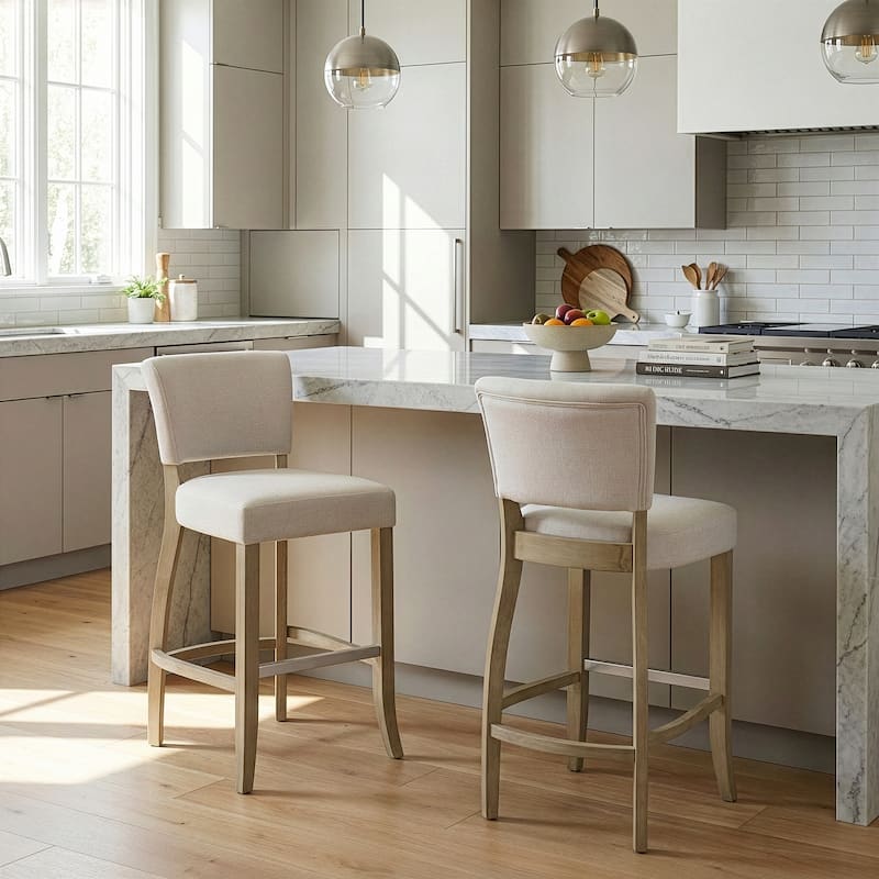 Set of 2 Aleck Beige Fabric Bar Stool with Antique Finish Wood Legs