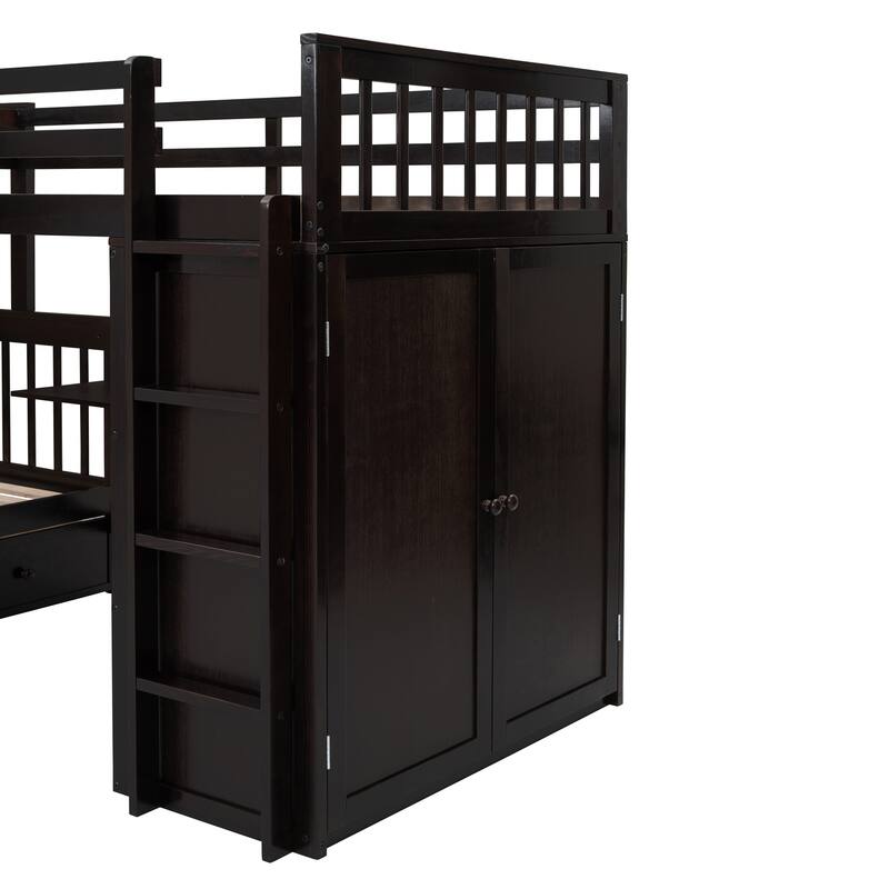 L-Shaped Bunk Bed, Twin-Twin Over Full Wood Bed with Wardrobe, Foldable Desk, Drawers and Shelves