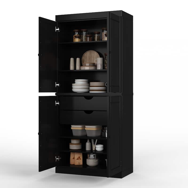 Solid Wood Tall Freestanding Kitchen Pantry Cabinet with Doors & 2 Drawers, Adjustable Shelves, Modular Storage, 32" W x 71.5" H