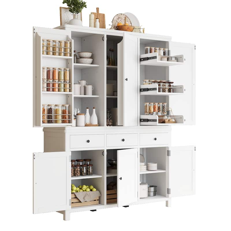 75" Farmhouse Kitchen Pantry Cabinet with Door Shelves, Large Freestanding Cupboard with Pull-Out Trays