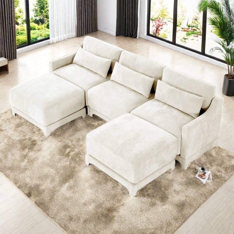 Modern Chenille 4-Seater Sofa with 2 Ottoman, Lumbar Cushions, Ergonomic Backrest, High-Resilience Spongeand Tufted Armrests - 3 Seater with 2 Ottoman Beige