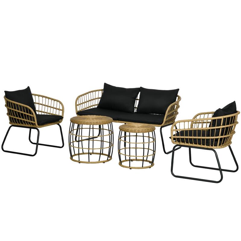 Outsunny 5 Piece PE Rattan Outdoor Furniture Set with Cushioned Chairs & Loveseat Sofa, Patio Sectional Furniture Set