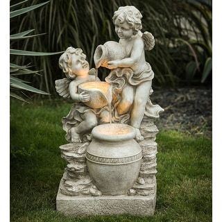 Grey Resin Cherub Angel Outdoor Fountain with LED Light