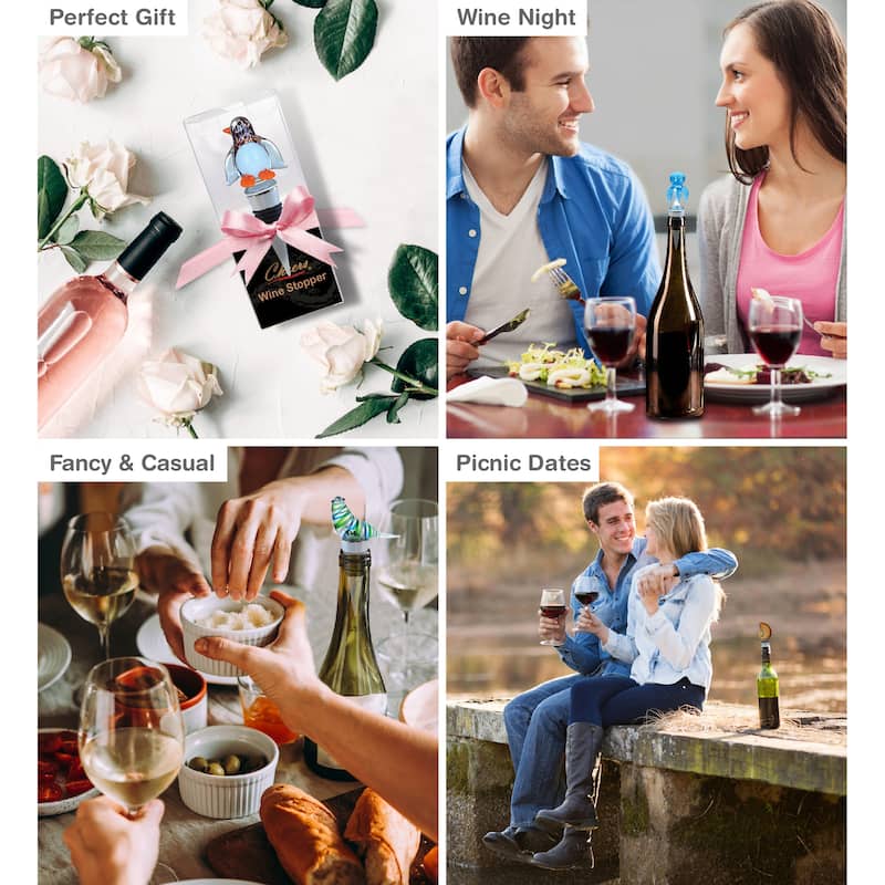 Cheers Sea Shell, Seal, Penguin, Octopus Glass Wine Stopper Set of 4 - 6 Lx1.5 Wx4.75 H inches