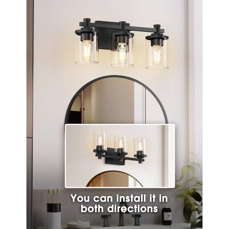 3 Light Vanity Lights, Black and Gold Wall Sconce Light with Clear Glass, Bathroom Light Fixtures