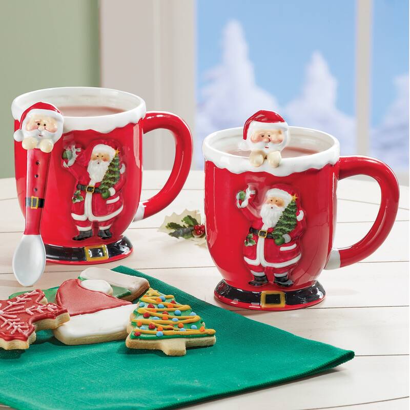 Red Santa Mugs with Spoons - Set of 2 - Red