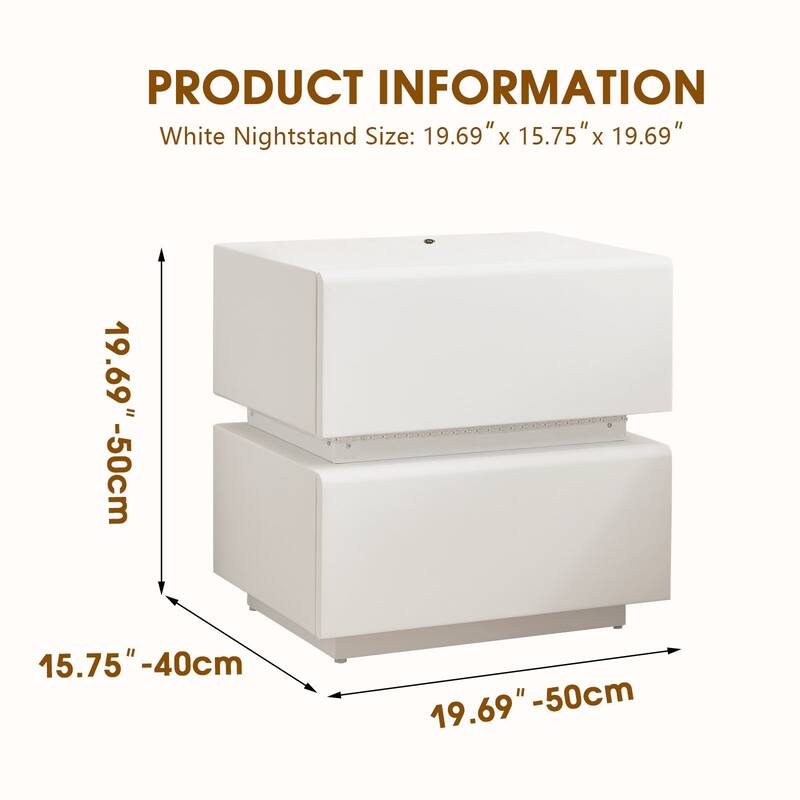 LED Light Bar Nightstand, 2 Drawer Modern Leather Wrapped Nightstand for End of Bed, Side Table, No Assembly Required - White