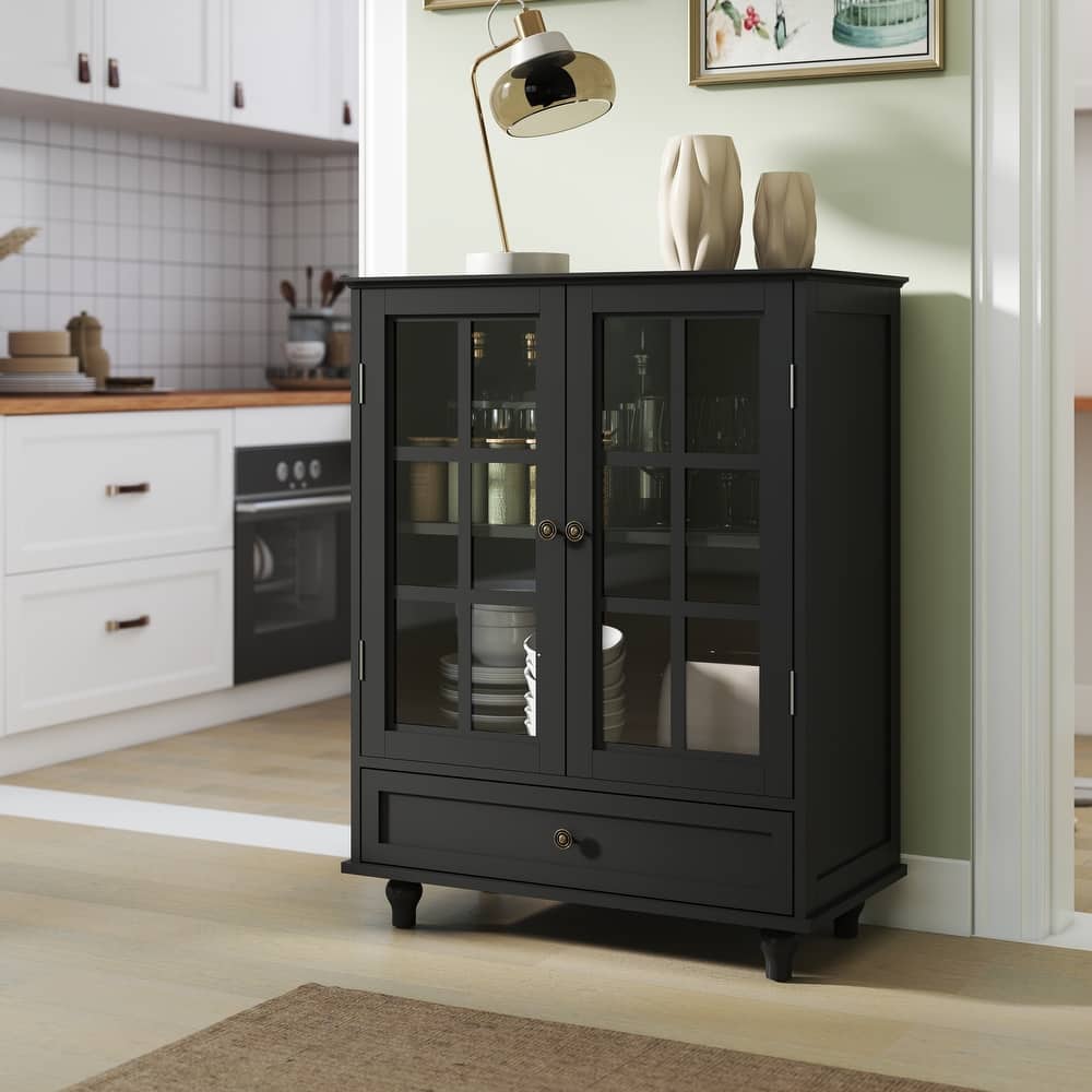 GDFStudio - Lillian Wood Buffet Cabinet with Glass Doors, Drawer, and Adjustable Storage