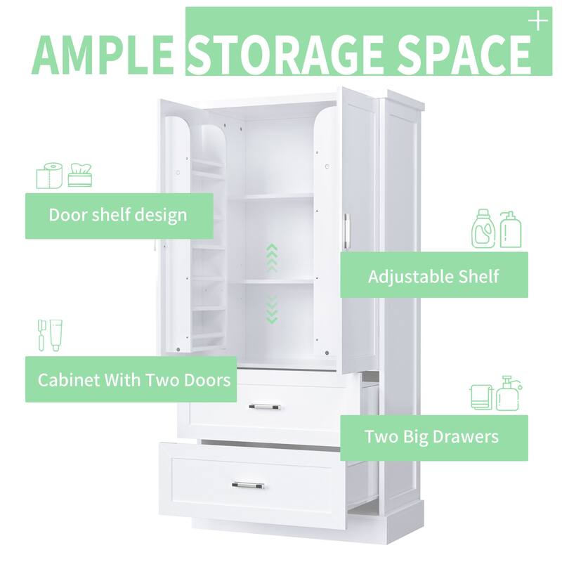 Tall Bathroom Storage Cabinet with Two Doors and Drawers, Adjustable Shelf, MDF Board
