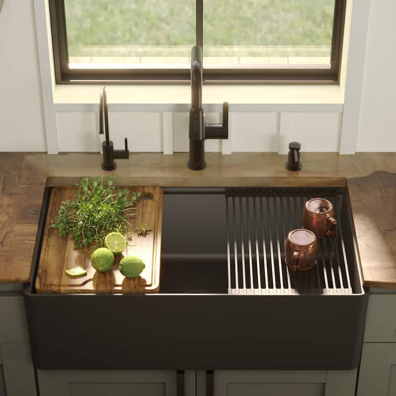 Karran 33" Single Bowl Workstation Fireclay Kitchen Sink with Reversible Fluted Apron Front