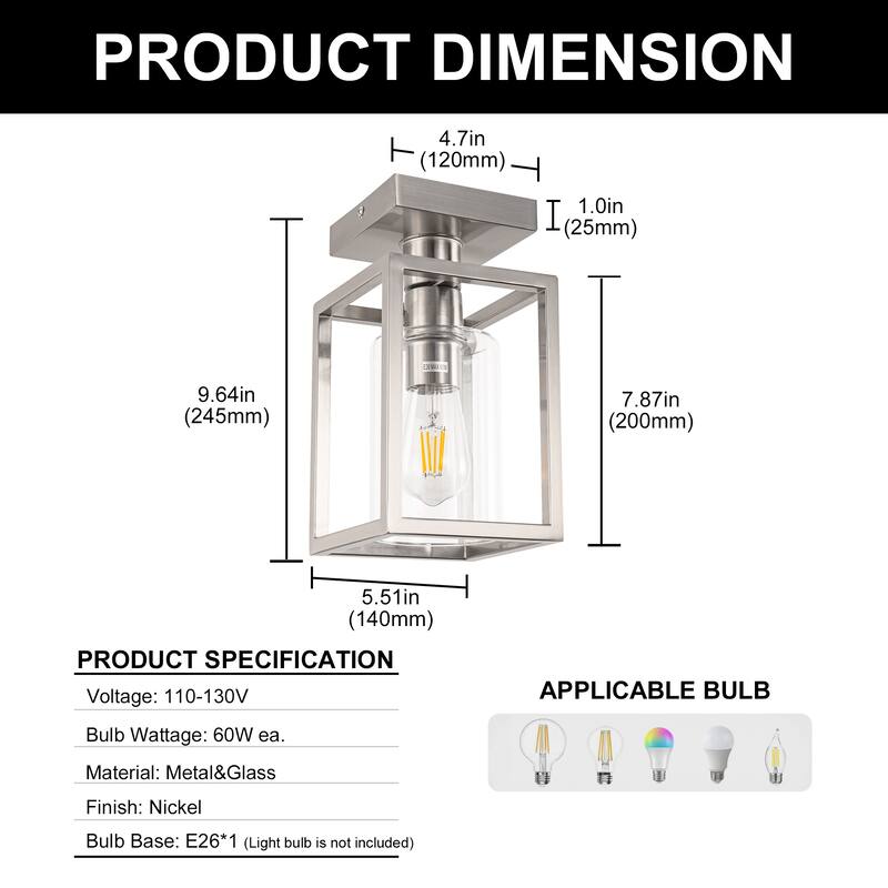 Single Rectangular Semi Flush Mount Light, Nickel Finish with Glass Shade Ceiling Fixture and E26 Base,(Bulb Not Included)