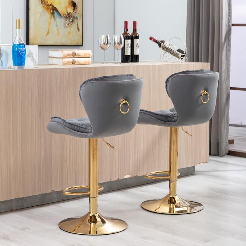 Swivel Height Adjustable Velvet Bar Stools Set of 2,with Golden Footrest and Base