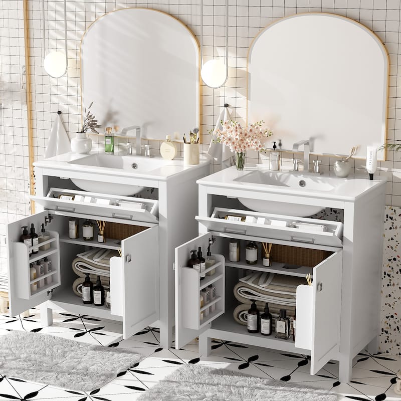 2-Piece Bathroom Vanity Set, 60" Double Ceramic Sinks Bathroom Vanity Cabinets - White - 60 Inch