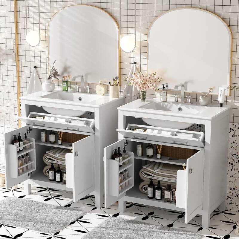 Set of 2 Vanity for Bathroom with Double Ceramic Sinks, 60" Modern Storage Cabinet with Flip-down Drawers and Door Organizers
